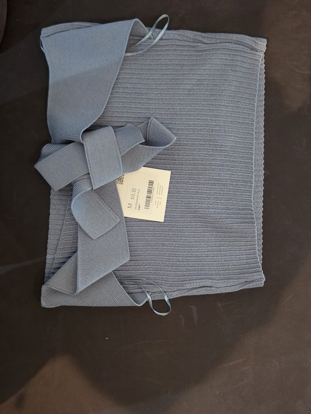 Off-the-Shoulder Ribbed Sweater Top in Dusty Blue with Waist Tie